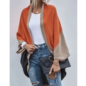 Cozy Color Block Batwing Oversized  Open Front Cardigan